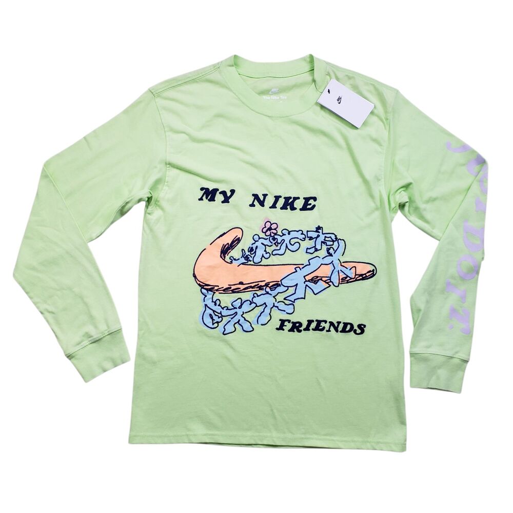 NWT Nike Tee My Nike Friends Shirt Mens Small Green Embroidered Long Sleeve - Picture 2 of 10